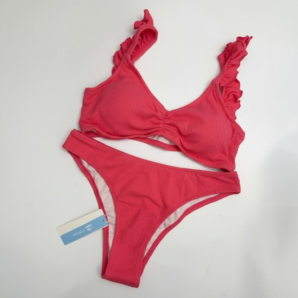 NEW Cupshe Pink Ruffle Two Piece Bikini Swimsuit Medium Padded Beach Vacation